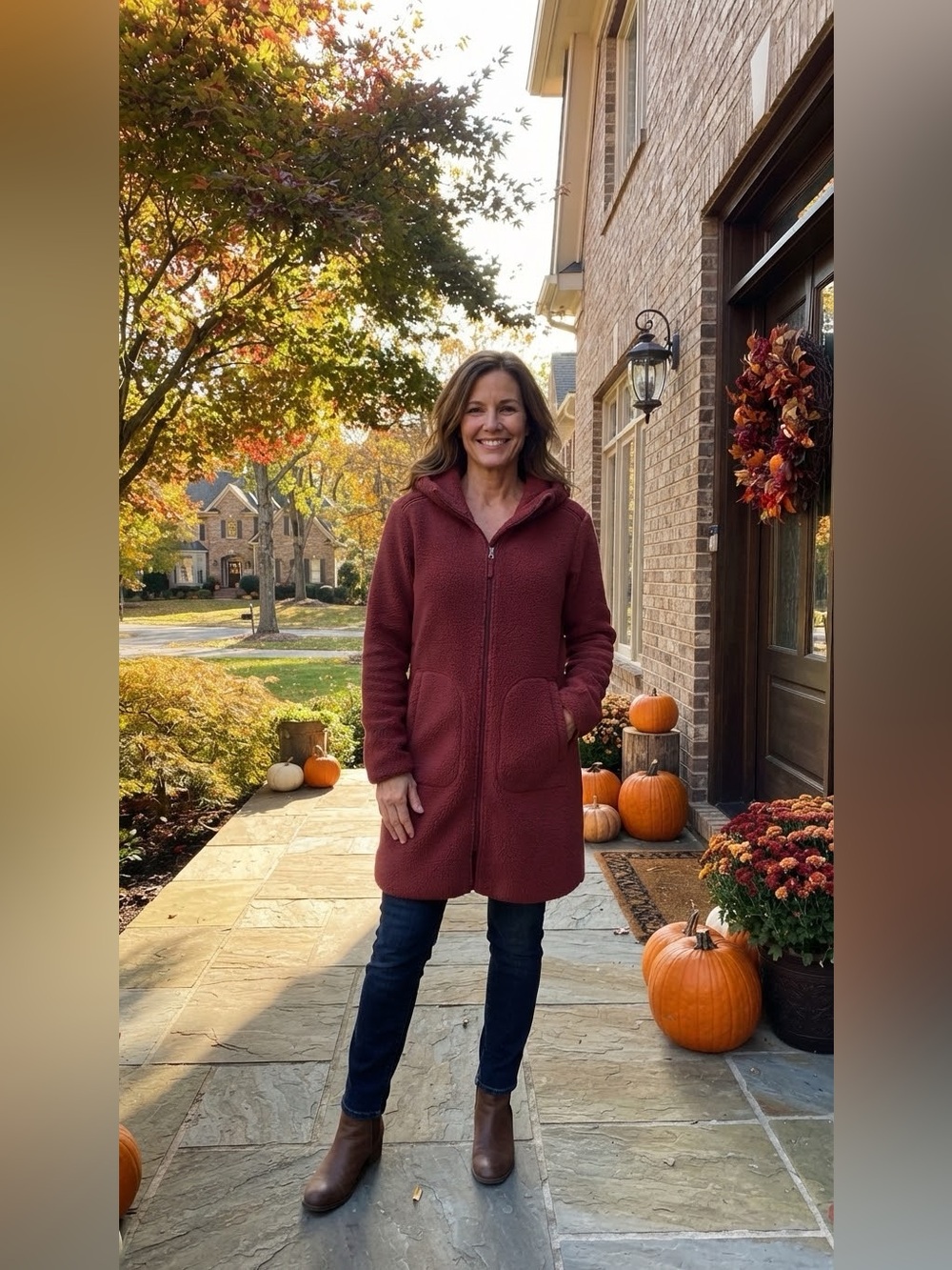 Denim & Co.® Women's Fleece Jacket Long Full Zip Hooded Burgundy Size 1X NEW